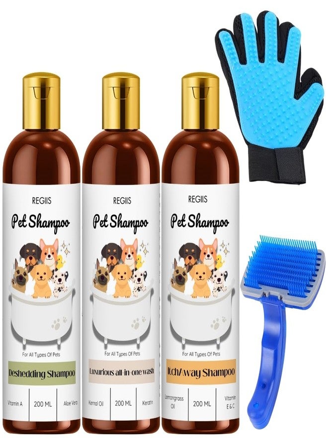 REGIIS Pet Shampoo Set with Grooming Tools, 3 Bottles 200ML Each, Deshedding, All-in-One, Itch Relief Formula, Includes Grooming Glove and Brush for Dogs - Image 1